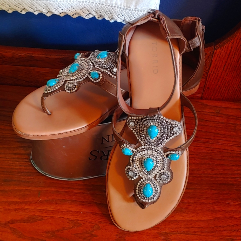 Faux Turquoise & Rhinestone Tan Sandals With Zipper Closure